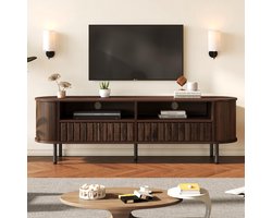 REDOM TV-meubel 160x40x48 cm van MDF in walnootkleur, 2 laden, 2 halfopen vakken, ovale hoeken