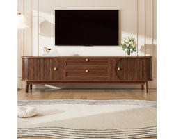 REDOM TV-meubel 165x37x46 cm van MDF, walnoot, rattan laden en schuifdeur, landelijk design