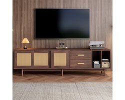 REDOM TV-meubel 190 x 40 x 52 cm van MDF en rattan, 3 deuren met schuifdeuren en 2 laden, 6 pootjes