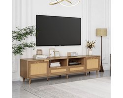 REDOM TV-meubel 200*37*49 cm van spaanplaat en massief hout, met rattan-design, 2 deuren en 2 laden, eikenlook
