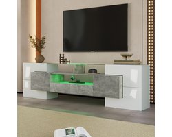 REDOM TV-meubel 200x35x60 cm van MDF en glas, hoogglans wit en beton, met LED-verlichting en veel opbergruimte