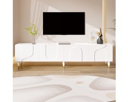 REDOM - TV-meubel - 4 deuren met asymmetrisch boogreliëf - Met planken en kabeldoorvoer - Massief houten poten - Wit - 180 x 40 x 50 cm