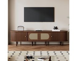 REDOM-TV meubel - Ronde hoeken - 2 schuifdeuren en 2 kastdeuren - 8 steunpoten - Retro vintage stijl - Woonkamer - MDF en rotan - Donker eiken - 180 x 40 x 40 cm