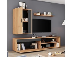 REDOM TV-meubel set van 3: 140x35x39 cm + 52x28x77 cm + 78,5x13,5x8 cm van spaanplaat, modern eikenkleur en zwart, met opbergruimte