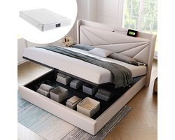 REDOM - Tweepersoons Opbergbed - Geometrisch Hoofdbord Met USB En USB-C - Modern - Katoenlinnen - Beige - 160 x 200 cm