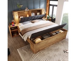 REDOM Tweepersoonsbed 180x200 cm – Bed Met USB Leeslampen, Opklapbaar Hoofdbord & Nachtkastjes – Opbergbed Voor Moderne Slaapkamer – MDF, Metaal En Linnen – Eiken