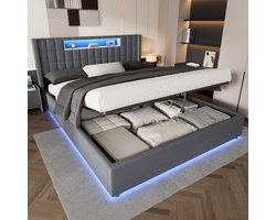 REDOM Tweepersoonsbed 180x200 cm – Gestoffeerd Bed met LED Hoofdbord en Opbergruimte – Luxe Fluwelen Bedframe – Modern Slaapkamerbed – Grijs