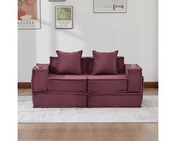 REDOM - Tweezitsbank - Met Opbergvakken En 2 Kussens - Scandinavisch - Voor Leeshoek - Ribstof - Wijnrood - 162 X 78 X 66 Cm