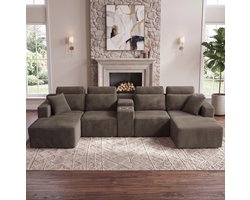 REDOM - U-bank - Modulair ontwerp - Ingebouwde dubbele bekerhouders - Afneembare rugkussens - Woonkamer - Stof en schuim - Khaki - 372 x 151 x 80 cm