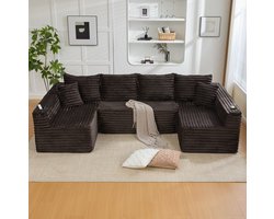 REDOM - U-bank - Modulaire opstelling - Bekerhouders en zijvakken - Corduroy bekleding - Veerkern en schuimvulling - Bruin - 320 x 155 x 88 cm
