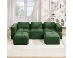REDOM - U-bank - Modulaire opstelling met 2 hockers - Diepe zit en brede armleuningen - Zonder montage - Moderne stijl - Woonkamer - Polyester - Groen - 271 x 162 x 67 cm