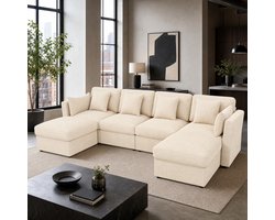 REDOM - U-bank - Modulaire opstelling - Verstelbare armleuningen en 2 verplaatsbare hockers - Woonkamer - Hout, kunststof en corduroy - Beige - 290 x 159,5 x 89 cm