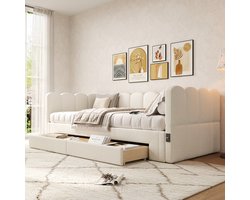 REDOM Uitschuifbaar Daybed - Met 2 Opberglades - Met Usb-En Type-C-Aansluiting - Linnen - Beige - 90X200 Cm Tot 180X200 Cm