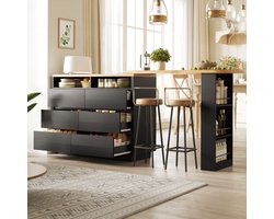 REDOM - Uitschuifbare bartafel met opbergruimte - 6 lades en zijrek - Verrijdbare tafel met verborgen wielen en kantelbeveiliging - MDF - Zwart - 137 x 39 x 102,3 cm