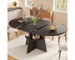REDOM - Uitschuifbare Eettafel - Open Opbergvak En Afgeronde Hoeken - Modern Klassiek - MDF - Zwart - 110-150 X 110 X 76 Cm