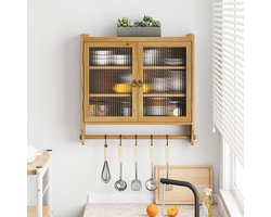 REDOM - Wandkast - Dubbele glazen deuren - 3-laagse opbergruimte met uitneembare planken - Wandmontage - Vintage stijl - Massief hout en MDF - Naturel - 63 x 60 x 18 cm