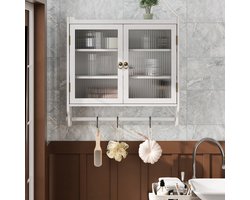 REDOM - Wandkast met dubbele glazen deur - 3-laags opbergruimte en uitneembare planken - Wandmontage - Vintage stijl - Badkamer of keuken - Massief hout en MDF - Wit gewassen - 63 x 60 x 18 cm