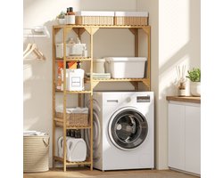 REDOM - Wasmachine opbergrek - Open stellingkast - Verstelbare planken - Opbergruimte voor wasruimte - Bamboe - Natuurlijk hout - 100 x 40 x 157 cm