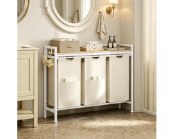 REDOM - Wasmand met 3 vakken - Uitneembare wasmanden - Badkamer opbergrek - Was-sorteerder - Metaal en hout - Lichte eik en wit - 96 x 30 x 71 cm