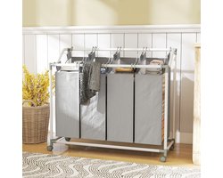 REDOM - Wasmand Met 4 Vakken En Wielen - Uitneembare Stoffen Waszakken - Metaal - Grijs - 97 x 38 x 81 cm
