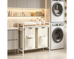 REDOM - Wassorteerder - 2 vakken van 40 liter - Afneembare wasmanden - Verstelbare voeten - Moderne industriële stijl - Badkamer - Metaal en Oxford-stof - Licht eiken en wit - 70 x 71 x 30 cm