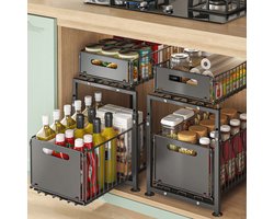 REFTTENW Gootsteenkast Organizer – Keukenkast Organizer - Aanrecht Organizer - Dubbellaags Opbergrek – Schuiflades - Kast Organizer - Keukenrek – Metaal – Antislip - Gootsteenkastrek Uitschuifbaar - Zwart