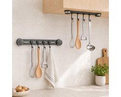 REFTTENW Keukenhaakrek Met Zuignap - Ophangrek Voor Keukengerei - 4 Haken - 34 Cm Keukengerei Houder Met Schuifhaken - Zonder Boren - Aluminium Donkergrijs