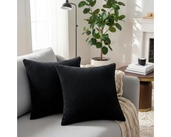 REFTTENW kussenhoes 45x45 - Set van 2 kussenhoesjes - Ribstof kussenhoes - Antistatische Kussensloops - kussens woonkamer - met rits - zonder binnenkussen - Zwart