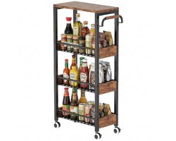 REFTTENW Trolley met 3 niveaus, smalle keukentrolley op wielen, Metalen Serveerwagen, met handgreep, voor kleine ruimtes, keuken, badkamer, woonkamer, studeerkamer, 40 x 86 x 20 cm, vintage bruin-zwart