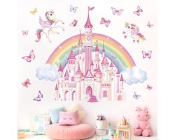 Regenboog Kasteel Muurstickers Sprookje Eenhoorn Vlinder Peel en Stick Wall Art Decals voor Baby Nursery Meisjes Slaapkamer Peuter Kamer