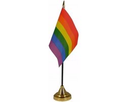 Regenboog tafelvlaggetje - 10 x 15 cm - op gouden standaard - 27 cm - versiering - pride