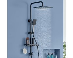 Regendouche, complete set zonder armatuur, roestvrijstalen regendouche met messing waterverdeler, boorfree-rek, 250 x 250 mm hoofddouche, badkamerdouchesysteem, zwart