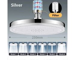 Regendouche kop-Regendoucheset-Grote douchekop met filter-6 modi stroom-Supercharge regendouchekop 23 cm-(Kunststof,Plastic)-ronde hogedruk topspray regendouchekop badkameraccessoires-(Zilver met filter).