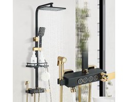 Regendouche met LED Scherm en Thermostaatkraan - Doucheset Zwart Gouden- Regendoucheset - Douchekolom met Thermostatische Mengkraan