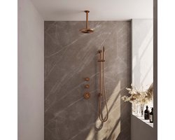 Regendoucheset Inbouw Plafond Brauer 20cm Rond Geborsteld Koper 3 Greeps Thermostaatkraan Glijstang en Staafhanddouche
