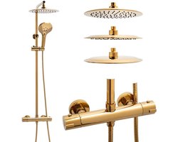 Regendoucheset met Thermostaatkraan - 25 cm - Goud - Messing & RVS - Inclusief Handdouche en Anti-Kalk Technologie