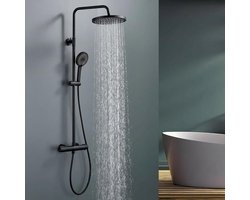 Regendoucheset met Thermostaatkraan – 25 cm Hoofddouche – 3 Straalsoorten – Mat Zwart – Verstelbaar