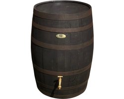 Regenton 190l. "Black Edition", gat regenpijp, messing logo en kraan, zwart gebeitst