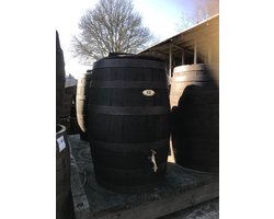 Regenton 190l. "Black Edition", gat vulautomaat, deksel, handvat, messing logo en kraan, zwart gebeitst