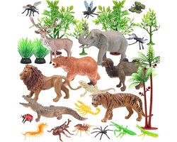 Regenwouddierspeelgoedfiguurset - assortiment van wezens - diorama-benodigdheden - diermodellen en bomen - cadeau voor kinderverjaardagen voor jongens en meisjes