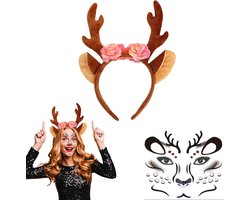 Reindeer Tattoo Set met Gewei en Hoofdband voor Vrouwen en Kinderen - Perfect voor Carnaval, Halloween en Feestjes - Tijdelijke Tattoo Stickers in Zwart