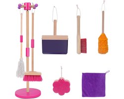 Reinigingsset voor kinderen, 8-delige houten reinigingsset voor kinderen met standaard, kinderreinigingsset met kinderbezem, huishoudelijke reinigingsspeelgoed voor meisjes en jongens vanaf 3 jaar, roze.