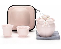 Reis Theeservies Keramiek Kung Fu Stijl - Draagbare Theepot met 2 Kopjes en Bamboe Dienblad