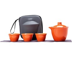 Reis Theeset - Draagbare Theepot - Thee Moment Creëren - Handgemaakt Keramiek - 3 Kopjes - Oranje