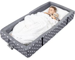 Reisbed met matras en valbeveiliging, kinderbed voor baby's en kinderen, compact, opvouwbaar en praktisch voor reizen, grijs, schuim
