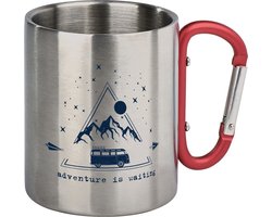 Reisbeker RVS beker met karabijnhaak - Adventure is waiting - 300ml