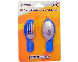 Reisbestek - 4-delige - Camping Bestek - Outdoor RVS Spork - Survival Mes / Vork / Lepel / Flesopener - Blauw