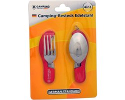 Reisbestek - 4-delige - Camping Bestek - Outdoor RVS Spork - Survival Mes / Vork / Lepel / Flesopener - Rood