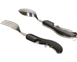 Reisbestek - 4-delige - Camping Bestek - Outdoor RVS Spork - Survival Mes / Vork / Lepel / Flesopener - Zwart