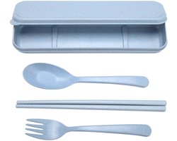 Reisbestekset met Opbergcase - Tarwesteel Bestek Set (Blauw) - Inclusief Lepel, Vork & Eetstokjes - Draagbaar voor Thuis, Kantoor en Reizen